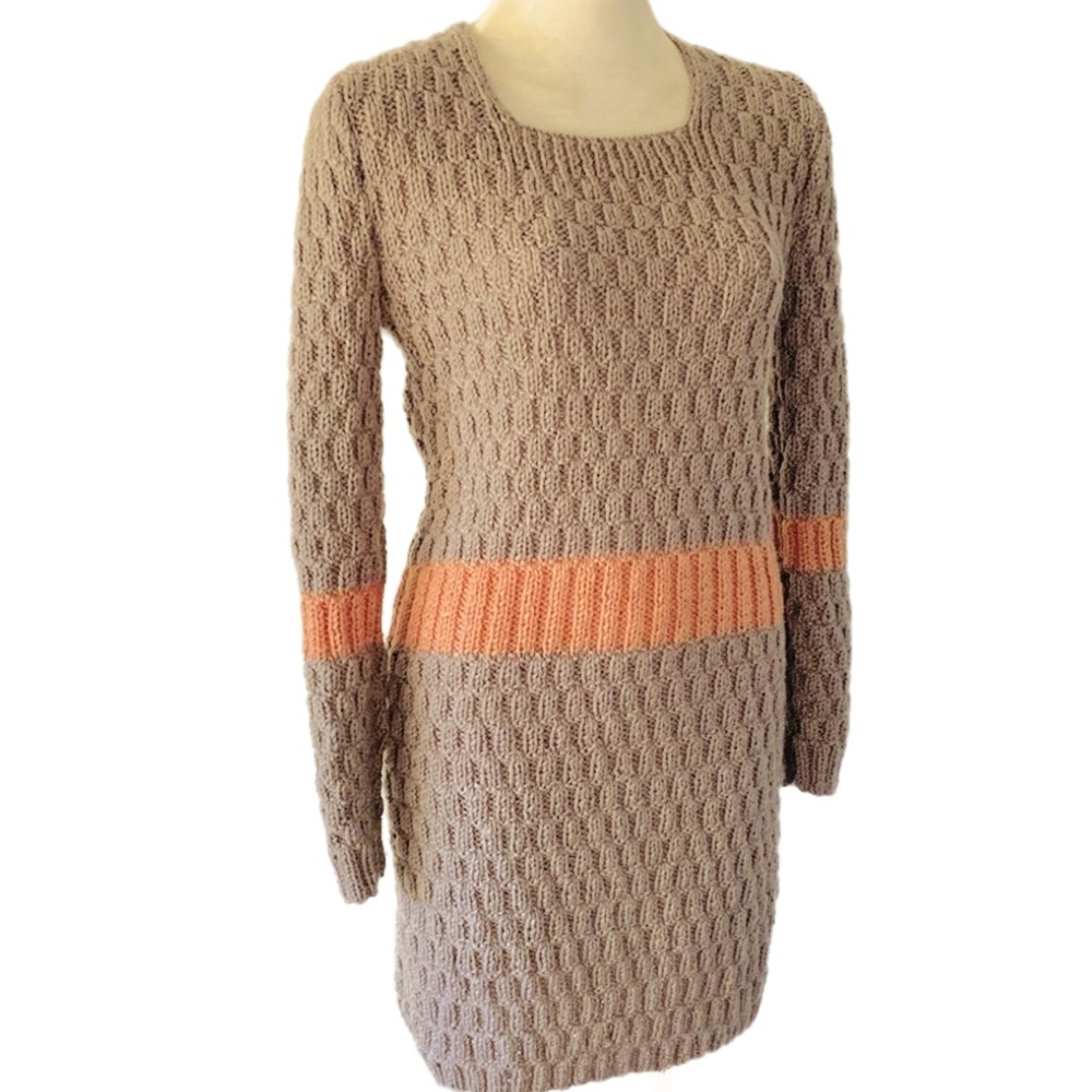 HANDMADE home knitted long sleeve ribbed Dress body-con Tan beige - Picture 8 of 10